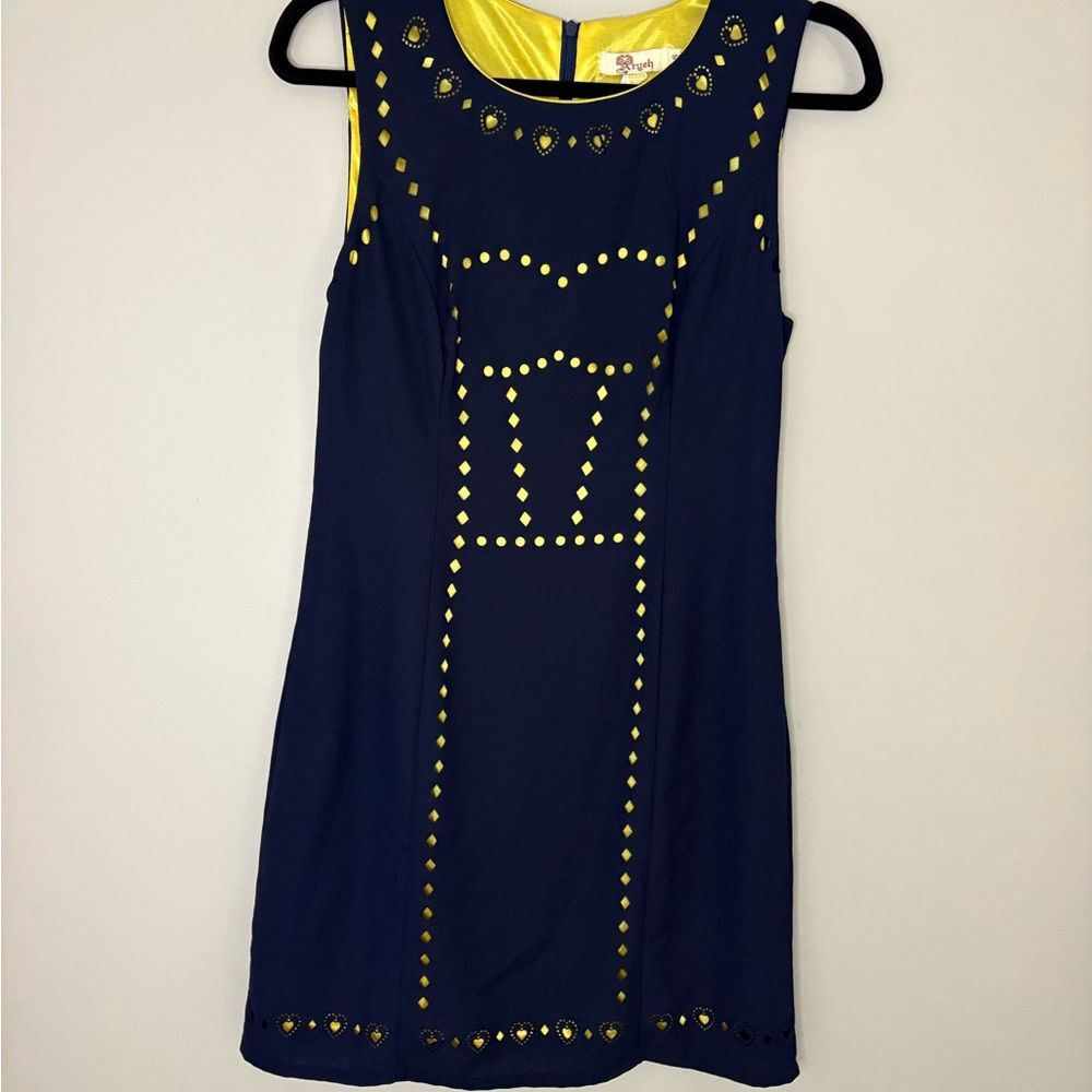 Aryeh Navy Yellow Cutout Shift Dress Women’s Small Sleeveless